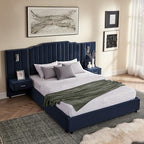 Luxury Queen Size Bed Frame with LED Lights and Nightstands, Modern Velvet Upholstered Platform Bed Frame with Oversized Headboard, Buttons Around, No Box Spring Needed, Dark Blue | Breathable material - color: Dark Blue-velvet, size: Queen