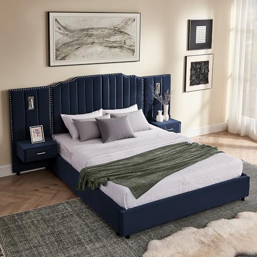 Luxury Queen Size Bed Frame with LED Lights and Nightstands, Modern Velvet Upholstered Platform Bed Frame with Oversized Headboard, Buttons Around, No Box Spring Needed, Dark Blue | Breathable material - color: Dark Blue-velvet, size: Queen