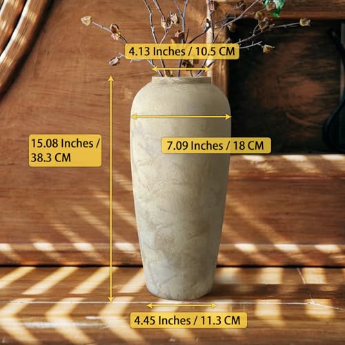 Ceramic Rustic Farmhouse Vase, 15 Inch Beige Flower Vases for Home Decor, Rustic Pottery Vase for Table Centerpieces & Living Room, Farmhouse Ceramic Vases for Entryway & Wedding Gifts - color: Beige, size: Large