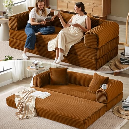 Boneless Couch Versatile Couches for Living Room No-Install Sofa Bed Corduroy Futon Soft Cloud Couch with Pillows for Bedroom Game Movie (Orange, 76") - color: Orange