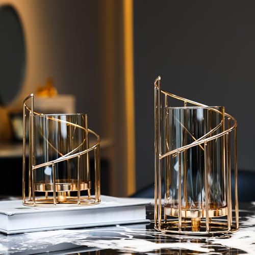Gold Hurricane Candle Holder, Gold Glass Pillar Candle Holders with Clear Glass Sleeve - Elegant Centerpiece for Weddings, Dinners, Party Decor - color: Gold-20cm