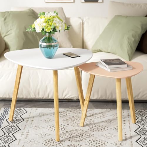 BAMEOS Bamboo Nesting Triangle End Table,Set of 2 SideTable Modern Minimalist Coffee Table for Living Room (White & Pink) - color: White & Pink