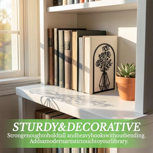 Sanwarm Metal Bookends Flower Vase Floral Book Ends Decorative Bookend for Home Office Library Desk Book Shelves Decor, Gift for Reading Enthusiasts Non-Skid Book Stoppers Holder (Black 3 Pair) - color: Floral