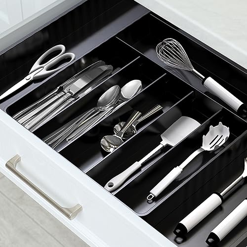 Simple Houseware Expandable Kitchen Drawer Flatware Organizer, Black – Adjustable Cutlery Tray with 9 Compartments for Utensils and Silverware - color: Black