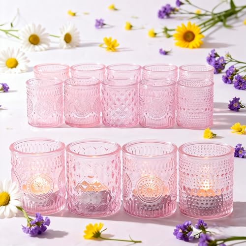 LETINE Set of 16 Pink Votive Candle Holders, Glass Tea Light Candle Holder with 4 Retro & Floral Patterns, Decorative Candle Holders for Parties, Spring Summer Wedding Table Centerpieces & Home Decor - color: Pink