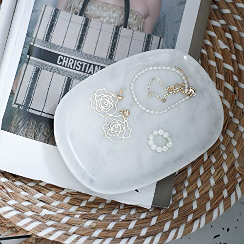 JIMEI Marble Vanity Tray 7‘’ Decorative Tray Oval Storage Organizer Mini Bathroom Kitchen Dresser Jewelry Dish Ring Holder for Counter, Vanity, Dresser, nightstand or Desk
