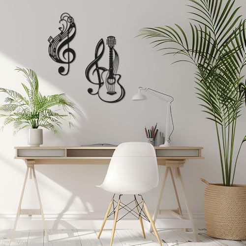 Musical Note Metal Wall Art Vase with Flowers, Hanging Decor for Indoor Living Room, Kitchen, Bedroom (Guitar Musical Notes 2 Pack)