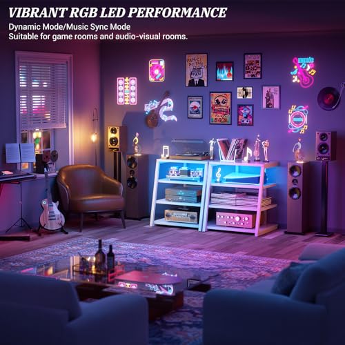 Armocity 4-Tier AV Media Stand with Power Strips, Stereo Stand with LED Lights, Audio Tower Rack with Adjustable Shelves, Small Entertainment Center, 30'', White - color: White, size: 30" (H)