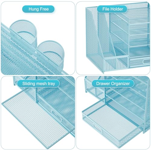 Marbrasse Desk Organizer with File Holder, 5-Tier Paper Letter Tray Organizer with Drawer and 2 Pen Holder, Mesh Desktop Organizer and Storage with Magazine Holder for Office Supplies(Blue) - color: Blue