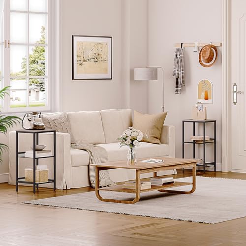 HOOBRO Tall Side Table, 3-Tier Telephone End Table with Adjustable Mesh Shelves, Small Entryway Table with Storage, Small Nightstand for Living Room, Bedroom, Hallway, Office, Greige BG01DH01G1 - color: Greige + Black