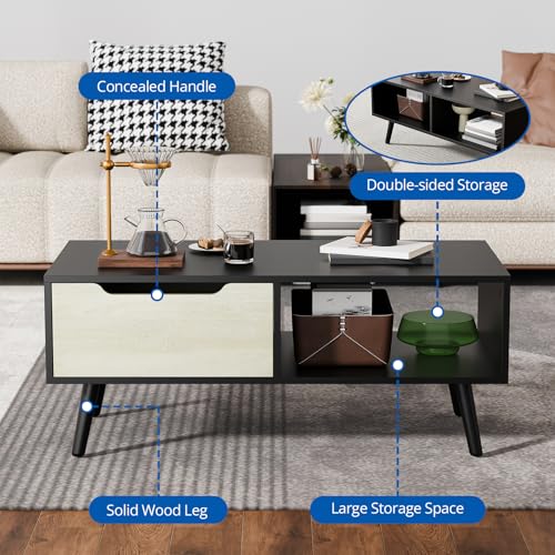 Cozy Castle Modern Coffee Table, Wooden Cocktail Table with Storage, Minimalist Hallway Table, Mid Century Modern Coffee Table for Living Room Apartment Reception, Black - color: Black