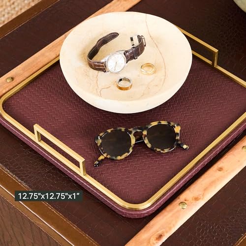 Preston Lane Mayfair Decorative Tray – Vegan Leather with Woven Texture, Brushed Brass Handles – Serving, Dresser & Coffee Table Tray, Espresso - color: Espresso