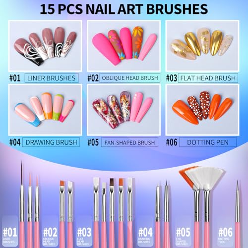 FANDAMEI Nail Art Tools, Nail Brush, 15 PCS Nail Art Brushes, 5 PCS Nail Dotting Tool, Nail Stand, Nail Holder For Painting Nails, Press On Nail Stand, Nail Tools, Nail Design Tools - color: Pink