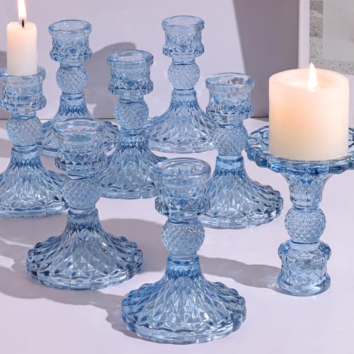 DARJEN 12Pcs 4" H Aqua Blue Candlestick Holders Set- Taper Candle Holders Bulk, Glass Candle Holders for Wedding, Party, Romantic Dinner Table Centerpieces, Festival Gifts & Windowsill Decor - color: Blue Dimond Pattern