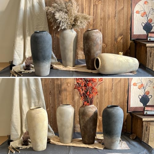 15 Inch Vintage Farmhouse Decor Ceramic Rustic Vase, Handmade Brown Flower Vases for Centerpieces, Living Room & Kitchen Shelf Decorative Pottery Vase for Home Decor - color: Brown, size: Large