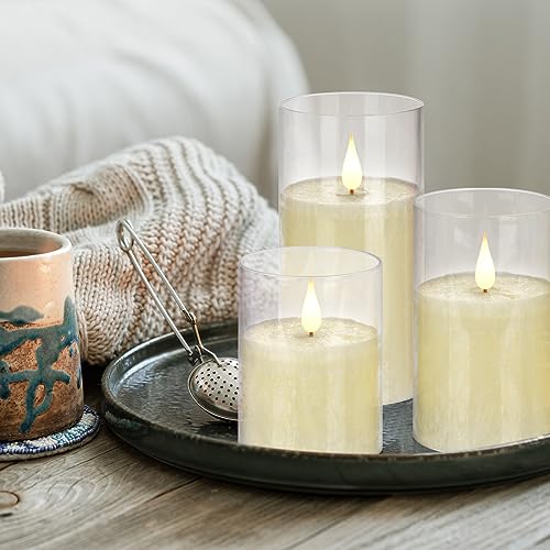 Flameless Flickering Remote Control Candle, Glass Pillar Candle,3 Pack (D:3"×H:4" 5" 6") LED 3D Flame Romantic Candle,Battery Operated Real Wax, Ideal for Wedding, Home Decor Holiday (Ivory) - color: H13# Ivory 3pack Glass