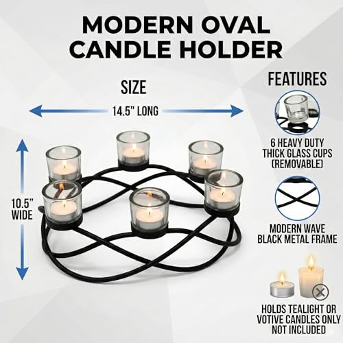 Seraphic Iron Oval Table Decor Centerpiece Decorations Candle Holder for Weddings, Outdoor Patio, Kitchen, Dining Room, and Coffee Tables, Glass Votive Tealight Holders, Black, 6 Clear Chunky Cups - color: Oval Clear