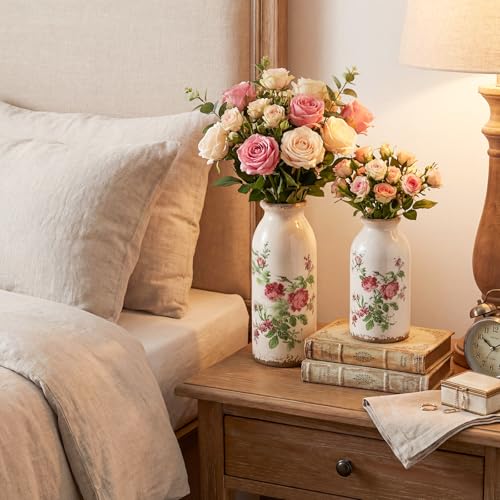 Covzoe Set of 2 Vintage Small Ceramic Vase, Retro Rose Floral Decorative Vases for Table Centerpiece, Mini Bud Vase Art Decor for Home Bedroom, Living Room Office Bathroom, 2 Size