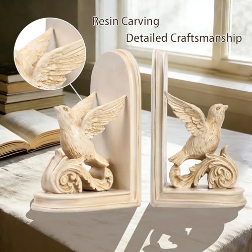 2PCS Vintage Bookends White Bird Decorative Bookends Resin Bookends for Rooms Decorative Book Ends for Heavy Books Antique Bookend (Retro White Bird) - color: Retro White