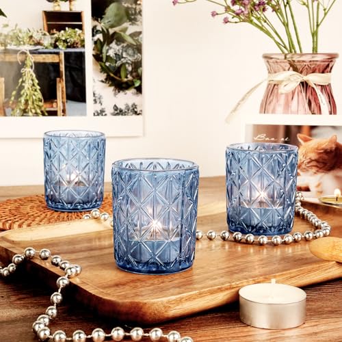 24pcs Blue Votive Candle Holders, Glass Votives Candle Holder in Bulk for Table Centerpieces, Tea Lights Candle Holder for Wedding Party Holiday Decor (Blue,24) - color: Blue