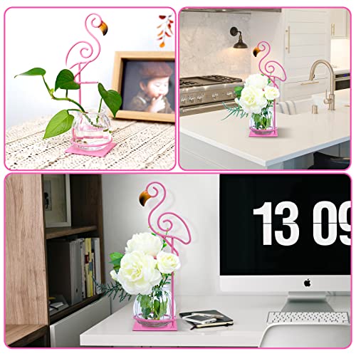 Desktop Glass Planter Vase Holder, esktop Glass Planter Hydroponics Vase，Metal Flamingo Plant Terrarium， Stand for Plants Creative Decorations for Home Patio Lawn Garden - color: Pink Flamingo