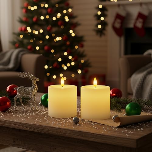 Homemory White Flameless Candles Battery Operated with Remote Timer, 3x3 Real Wax LED Pillar Candle for Home Fireplace Bedroom Living Room Party, Set of 3 - color: D3"xH3"3"3"-White