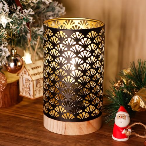 JHY DESIGN Metal Lamp Battery Powered 7.5''H Accent Cordless Lamp with 6-Hours Timer Battery Lamp for Weddings Party Patio Garden Indoors Outdoors Table Balcony（with Wooden Base） - color: Fan Patterned