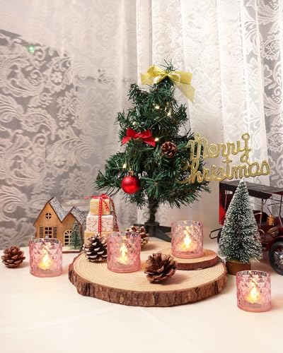Homemory 2" x 2" Acrylic Votive Candle Holders with Auto Timer Flameless Led Tealight with, Battery Powered Fake Electric Candles for Wedding Centerpiece, Table, Christmas Decor (6Pack, Pink Base) - color: Pink, size: 6 Pack