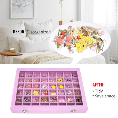Vicoter Velvet Jewelry Tray 48 Compartments Jewelry Display Organizer with Transparent Cover Rings, Earrings, Necklaces, Pendants Storage Box for Girls, Wives, Mothers, Women - color: Pink, size: 48 Grid