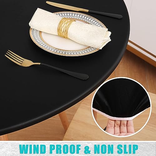 Smiry Round Picnic Tablecloth, Waterproof Elastic Fitted Table Covers for 45" - 56" Tables, Wipeable Flannel Backed Vinyl Tablecloths for Camping, Indoor, Outdoor, Black - color: Black, size: For Up To 45"-56" Round