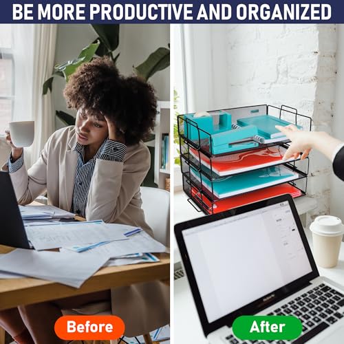 Stackable Paper Tray Desk Organizer, 4-Tier Metal Mesh Letter Organizers for Business, Home, School, or Store Use, Organizes Files, Folders, Letters, Paper, Binders, Multi-Functional Desktop Storage - color: Black