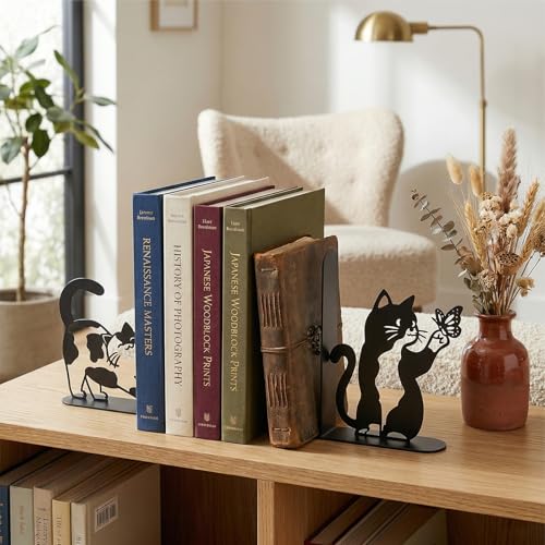 Cute Cat Bookends Metal Black Cat Book Ends for Shelves Bookshelf Decorative Accessories Home Office Desk Bookshelf Decor Cat Lover Gifts for Women