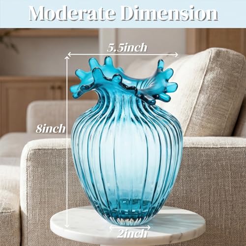 ZAVOOS Hand Blown Glass Vase, Modern Art Decorative Blue Vase for Flower Plants, Unique Bubble Waves Mouth Vase for Home Decor, Living Room Centerpieces, Table Bouquet, Wedding Decoration