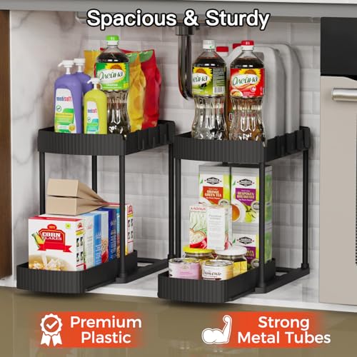 Ukeetap Multi-Purpose Pull-Out Storage Organizers, Under Sink/Cabinet Organizers and Storage for Bathroom & Kitchen, Black, 12.8 Inches, 2 Packs - color: Black, size: 12.8 Inch