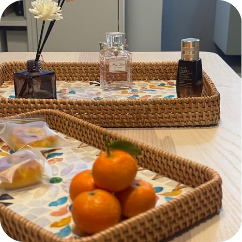 Mother of Pearl Inlay Rattan Serving Tray with Wooden Base Handmade Wicker Platter for Coffee Table Decor Coastal Home Decor Boho Style Food Display or Gift-Rectangle