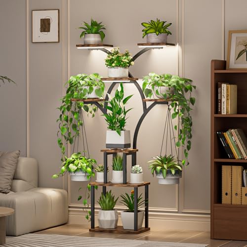 Elbourn Plant Stand Indoor with Grow Lights - 60" Tall Metal Plant Shelf for Multiple Plants, 8 Tiered Corner Plant Stands for Indoor Plants, X - Shaped Decorative Rack for Home, Living Room & Patio Decor (Brown) - color: Brown