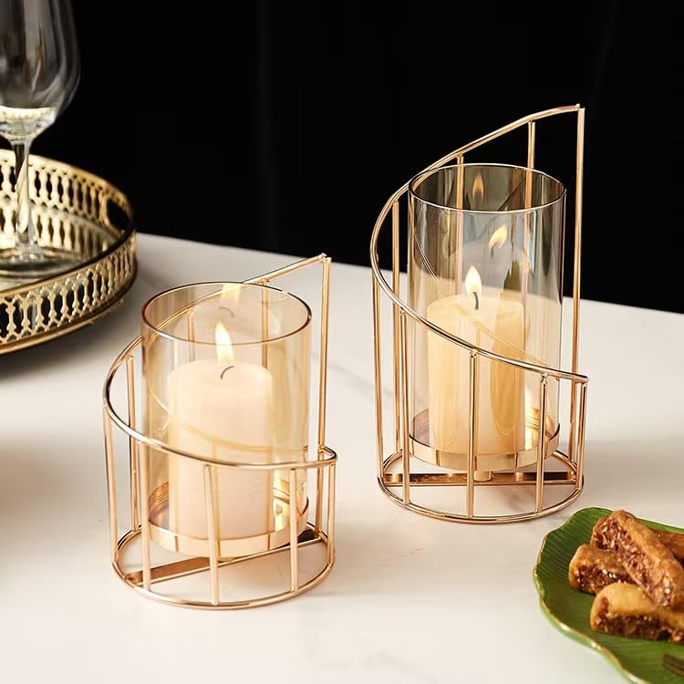 Gold Hurricane Candle Holder, Gold Glass Pillar Candle Holders with Clear Glass Sleeve - Elegant Centerpiece for Weddings, Dinners, Party Decor - color: Gold-15.5cm