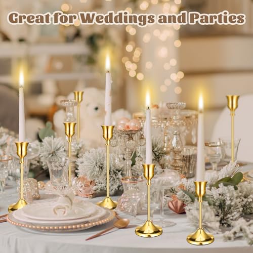24PCS Brass Gold Taper Candle Holders Set, Vintage Metal Candlestick Holders Plus Candle Snuffer for Table Centerpiece,Wedding Reception,Festive Christmas Mantel Decoration - color: Gold - 8 Sets (24 Pcs) Plus Candle Snuffer