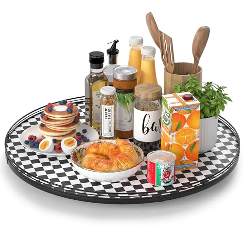24" Black and White Kitchen Lazy Susan Turntable, Round Checkered Decorative Tray, Large Lazy Susan for Dining Table Centerpiece, Pantry, Kitchen, Bathroom, Countertop, Cupboard, Home Decor - color: Black & White, size: 24 inches