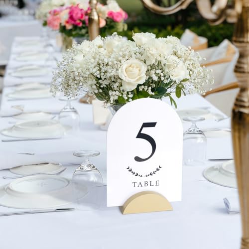 UNIQOOO 10 Pack 3.3" Arch Gold Wood Stand with 1/8" Slot, for Wedding Acrylic Table Number Sign, Wedding Display Stand, Card Holder, Great for Bar Menu, Retail Sign, Party and Events - color: Acrh Gold Wood