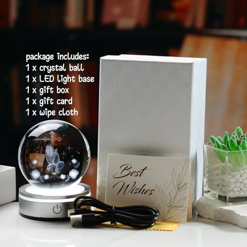 Arikyrist 3.15in. 3D Cross with Praying Hands Crystal Religious Gifts for Women Men, Crystal Ball Engraved Hands Holding A Cross Christian Figurine Paperweight with LED Light Base for Decoration - color: Cross