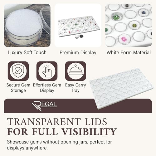 RJ Displays 50 Gem Display Case Diamond Gemstone Storage Box – White Tray Foam Sheet (14.5" x 7.8" x 0.75") –Small Round Plastic Containers Box Jewelry Organizer Container, White Foam Storage Jar - color: White