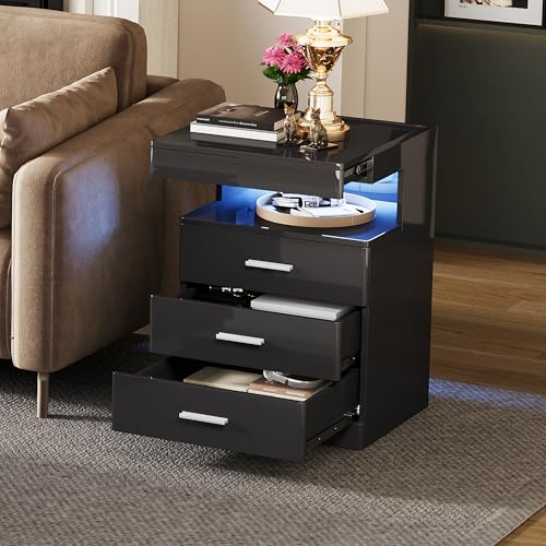 Treocho Led Nightstand with Hidden Space, Modern Night Stand with Charging Station, 3 Drawer Smart Nightstand with Glossy Finish, Tall Bedside Table with RGB Lights for Bedroom, Black - color: Black
