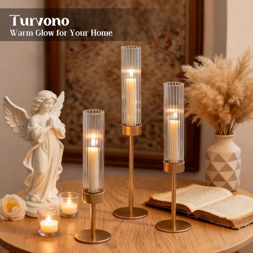 Gold Hurricane Candle Holders Set of 3, Brass Taper Candle Holders for Candlesticks, Elegant Tall Candle Sticks Holder Decor for Table Centerpiece, Wedding & Christmas Decorations