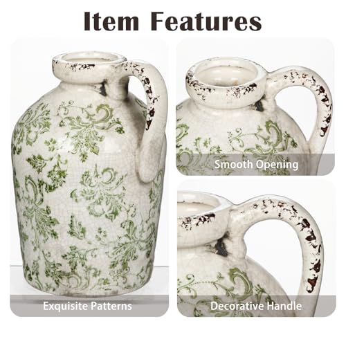 Ceramic Rustic Farmhouse Vase, 9 inch Ceramic Green and White Vase for Centerpieces Pampas Grass Pottery Jug with Handle Boho Chinoiserie Decor Vintage Vases for Living Room Kitchen Dinner Table Shelf - color: Light Green and White