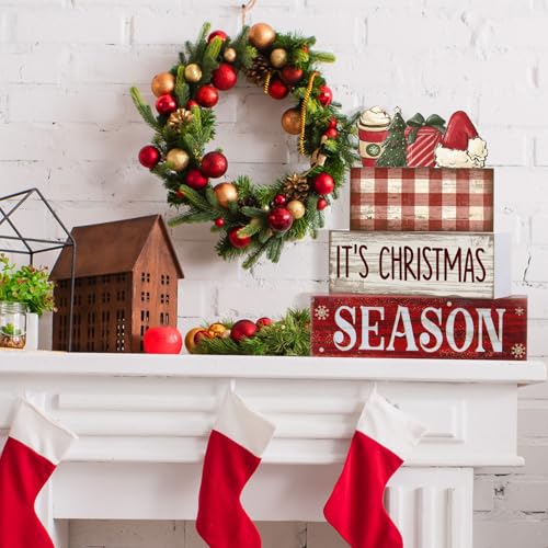 Lineshading 4 Pcs Christmas Table Decoration Wooden Hot Cocoa Santa Hat Decorations Christmas Tiered Tray Decor Winter Centerpiece Decorative Santa Hat Hot Cocoa Gift Box Tree Block Signs for Home - style: Christmas