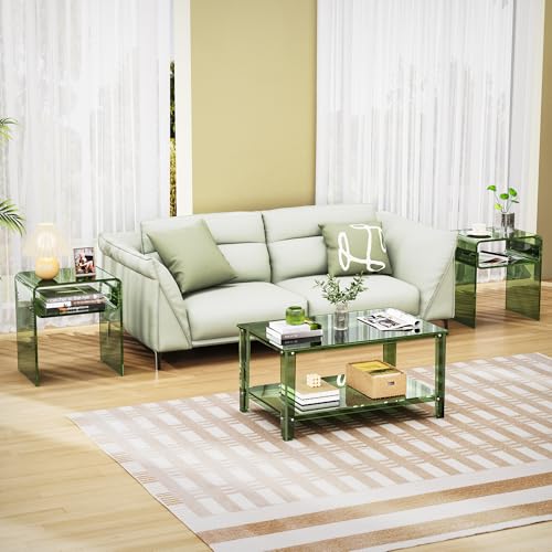 Clear Acrylic End Table 2-Tier Bedside Nightstand for Living Room Bedroom (1, Green) - color: Green