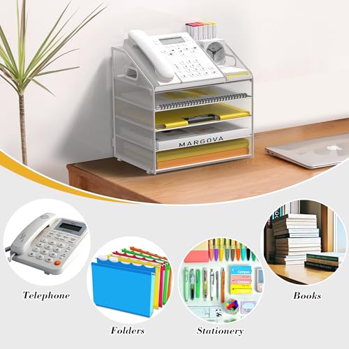 Letter Tray Paper, 5 Tier Desk Organizer with Pen Holder and Handle, Mesh File Organizer Paper Sorter Metal Desktop Document Shelf for Office Home Classroom - White - color: 5 Tier-white