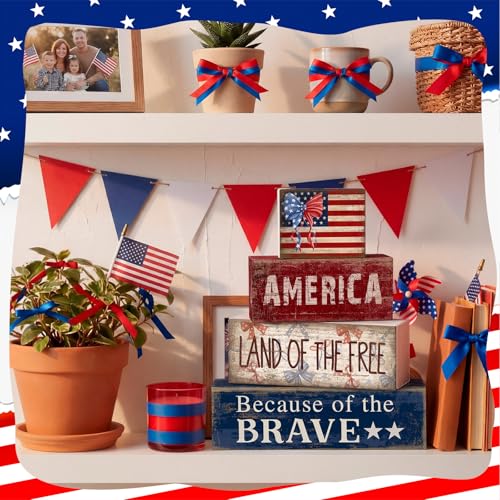 CroBlissful 4 Pcs 4th of July Decorations Patriotic Memorial Day Tabletop Decoration Red White Blue Table Centerpieces 250th Anniversary Wooden Fourth of July Sign for Office Tiered Tray Home Shelf - style: Independence