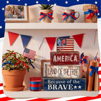 CroBlissful 4 Pcs 4th of July Decorations Patriotic Memorial Day Tabletop Decoration Red White Blue Table Centerpieces 250th Anniversary Wooden Fourth of July Sign for Office Tiered Tray Home Shelf - style: Independence
